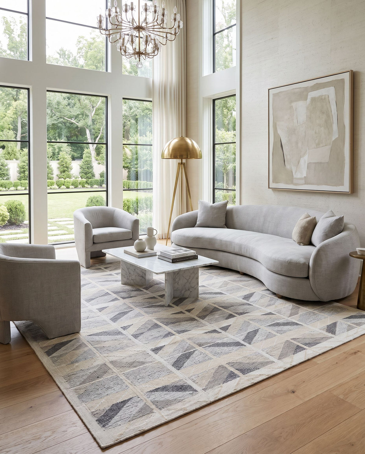 Scandi SCD-2301 Hand Woven Rug as the centerpiece of a bright luxury living room — a hand woven transitional, bohemian area rug in tan, beige, cream and black tones