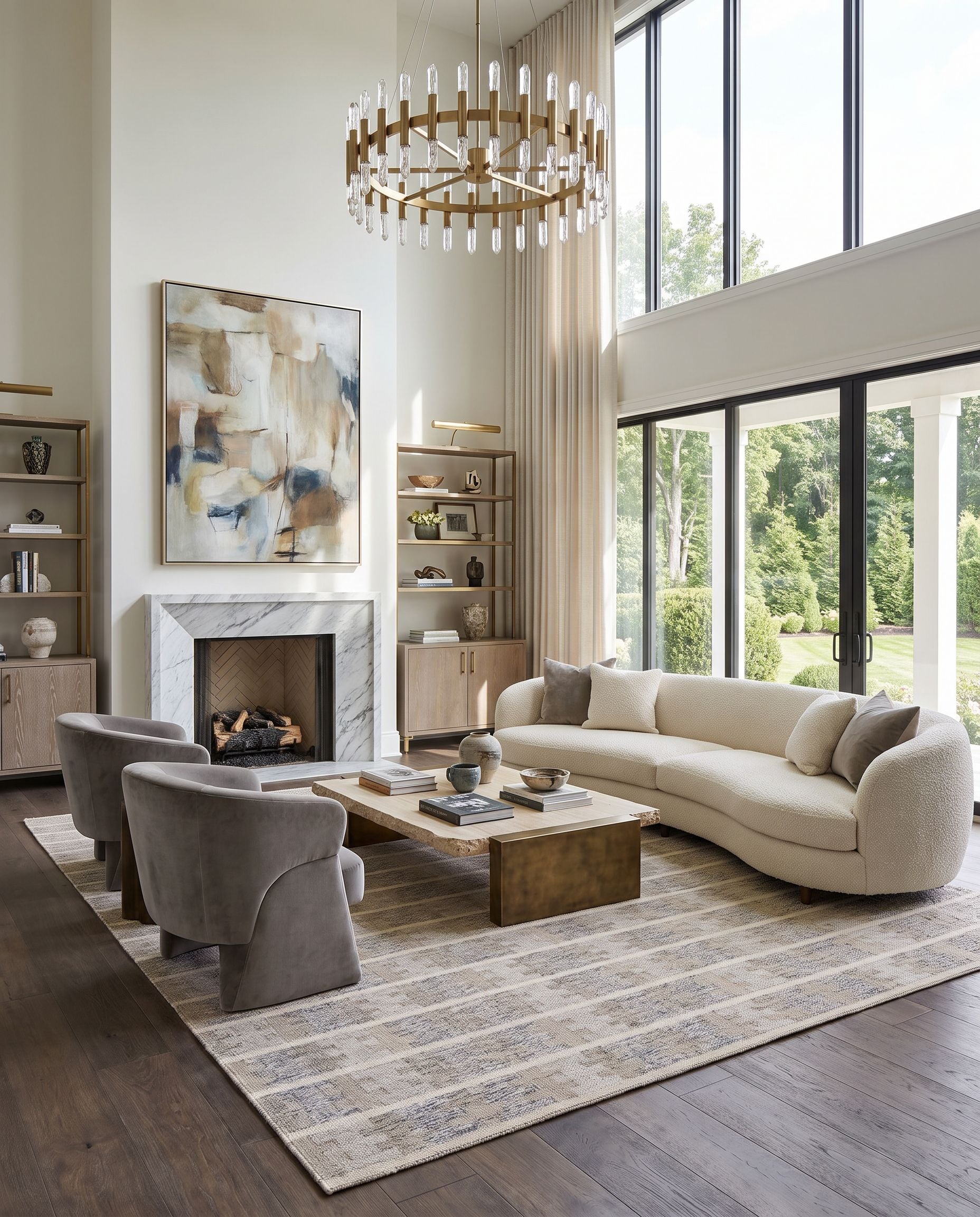 Scandi SCD-2304 Hand Woven Rug as the centerpiece of a bright luxury living room — a hand woven global area rug in mustard, black, medium gray and light gray tones
