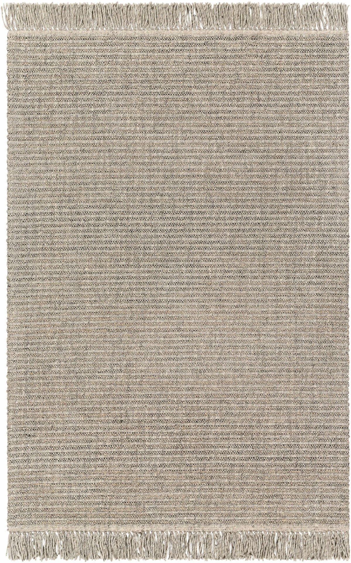 Light Gray Hand Loomed 55% Wool, 35% Polyester, 10% Jute Cottage Rectangle Handmade rug, Indoor use only, has fringe, non-washable.