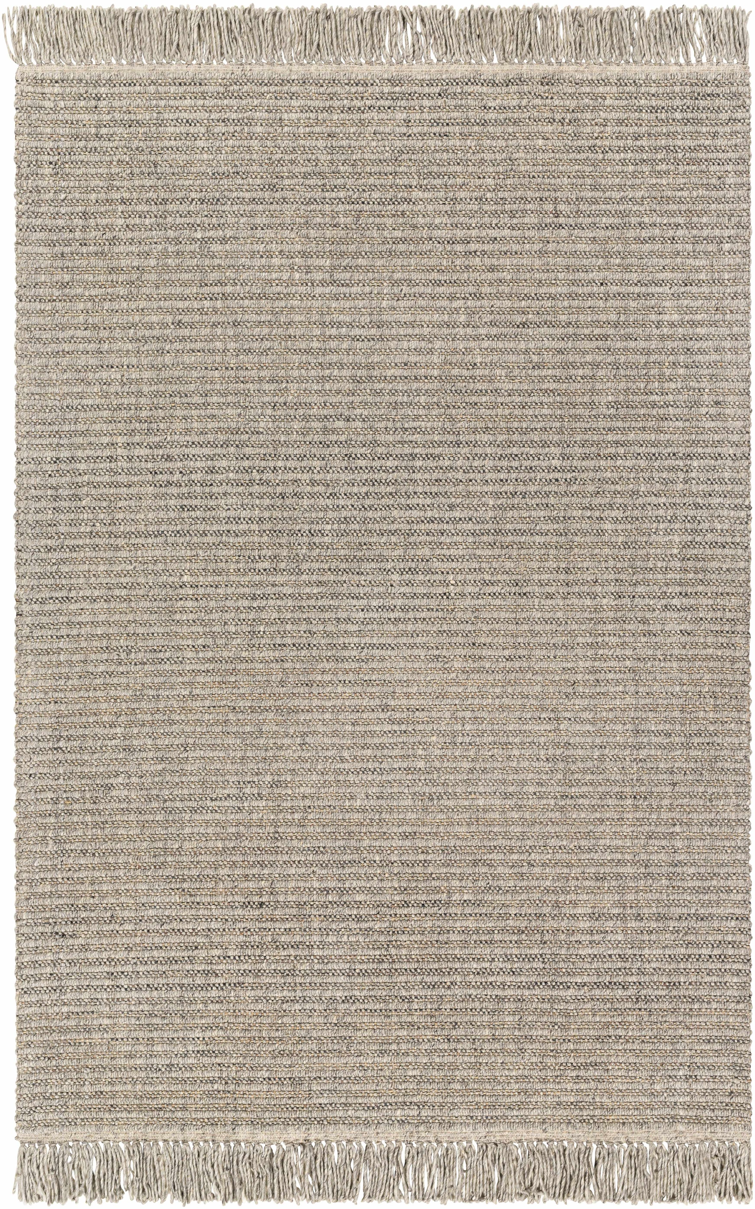 Light Gray Hand Loomed 55% Wool, 35% Polyester, 10% Jute Cottage Rectangle Handmade rug, Indoor use only, has fringe, non-washable.