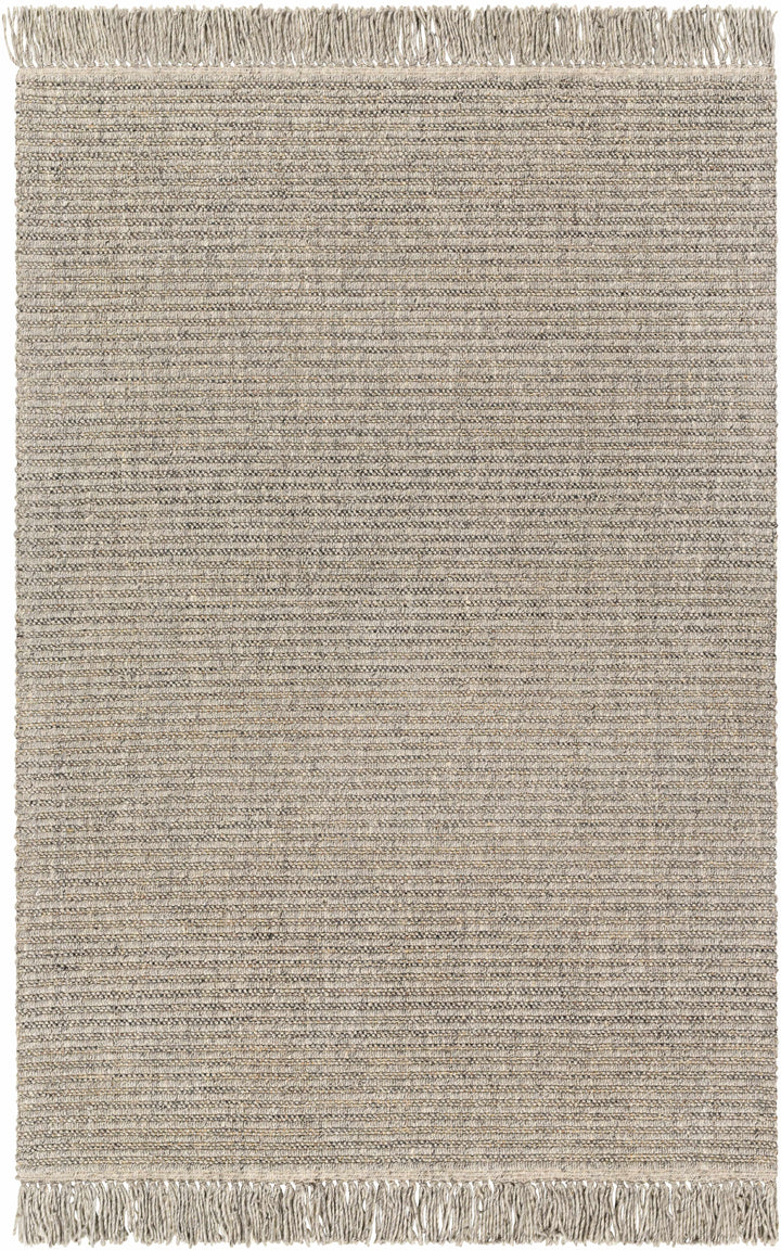 Light Gray Hand Loomed 55% Wool, 35% Polyester, 10% Jute Cottage Rectangle Handmade rug, Indoor use only, has fringe, non-washable.