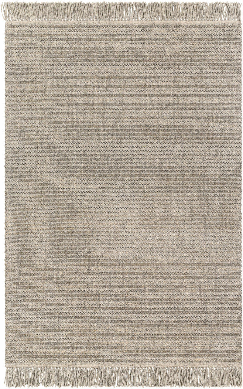 Light Gray Hand Loomed 55% Wool, 35% Polyester, 10% Jute Cottage Rectangle Handmade rug, Indoor use only, has fringe, non-washable.