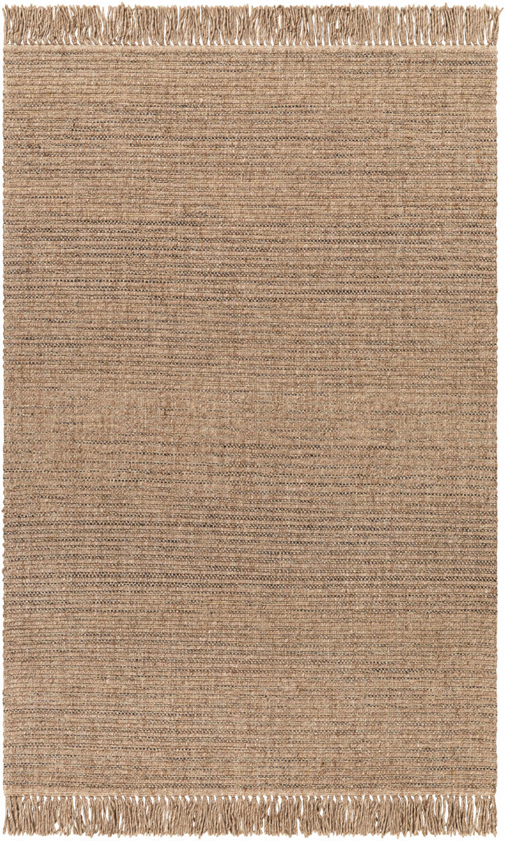 Dark Brown Hand Loomed 55% Wool, 35% Polyester, 10% Jute Cottage Rectangle Handmade rug, Indoor use only, has fringe, non-washable.