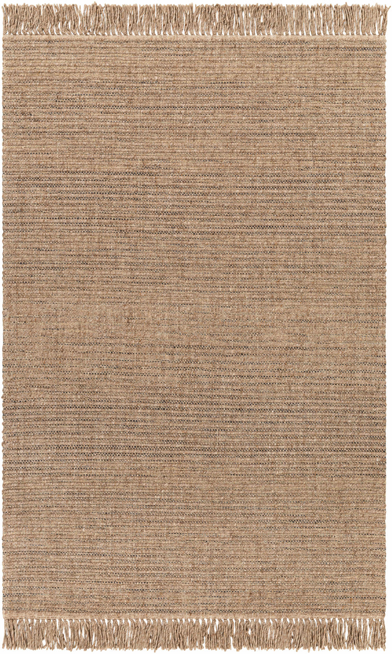 Dark Brown Hand Loomed 55% Wool, 35% Polyester, 10% Jute Cottage Rectangle Handmade rug, Indoor use only, has fringe, non-washable.