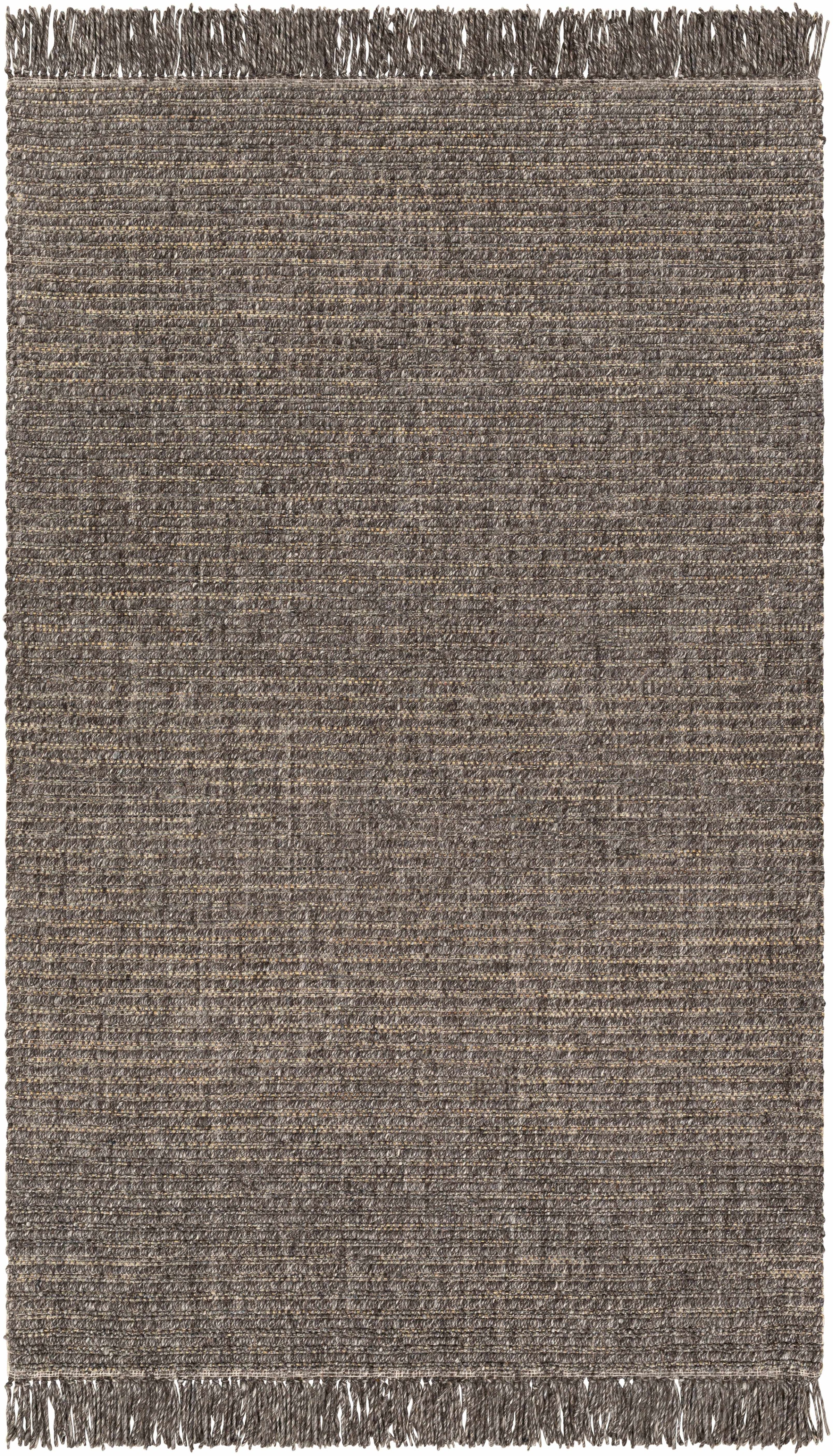 Black Hand Loomed 55% Wool, 35% Polyester, 10% Jute Cottage Rectangle Handmade rug, Indoor use only, has fringe, non-washable.