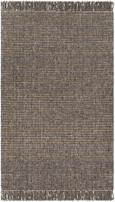 Black Hand Loomed 55% Wool, 35% Polyester, 10% Jute Cottage Rectangle Handmade rug, Indoor use only, has fringe, non-washable.