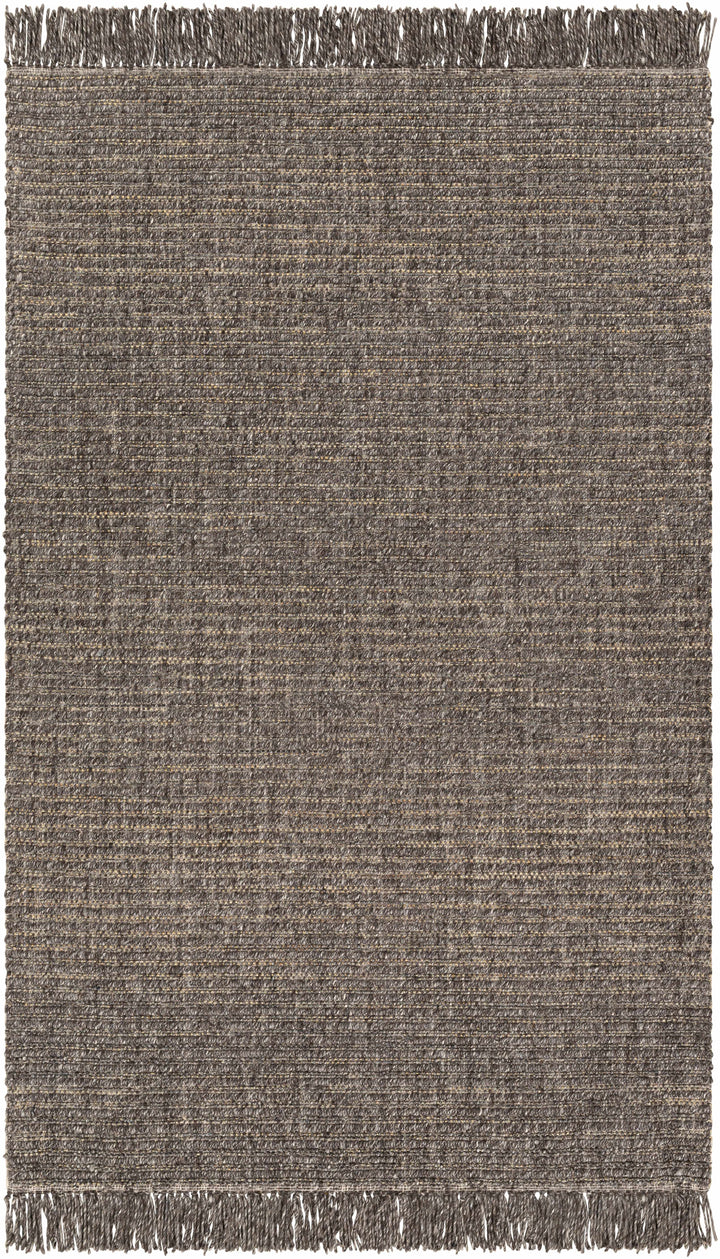 Black Hand Loomed 55% Wool, 35% Polyester, 10% Jute Cottage Rectangle Handmade rug, Indoor use only, has fringe, non-washable.
