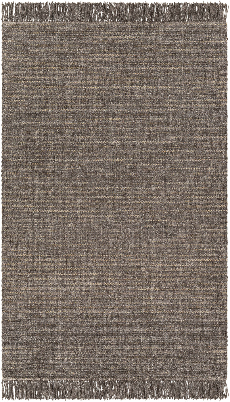 Black Hand Loomed 55% Wool, 35% Polyester, 10% Jute Cottage Rectangle Handmade rug, Indoor use only, has fringe, non-washable.