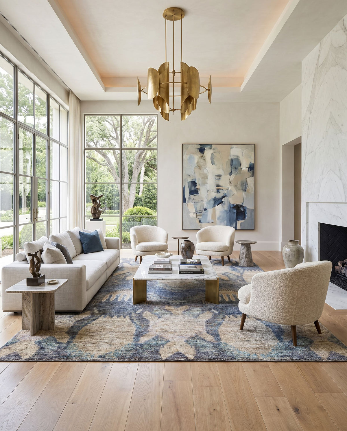 Scarborough SCR-5148 Hand Knotted Rug styled in an elegant designer living room — hand knotted rustic area rug in ink blue, blue, medium gray and white tones