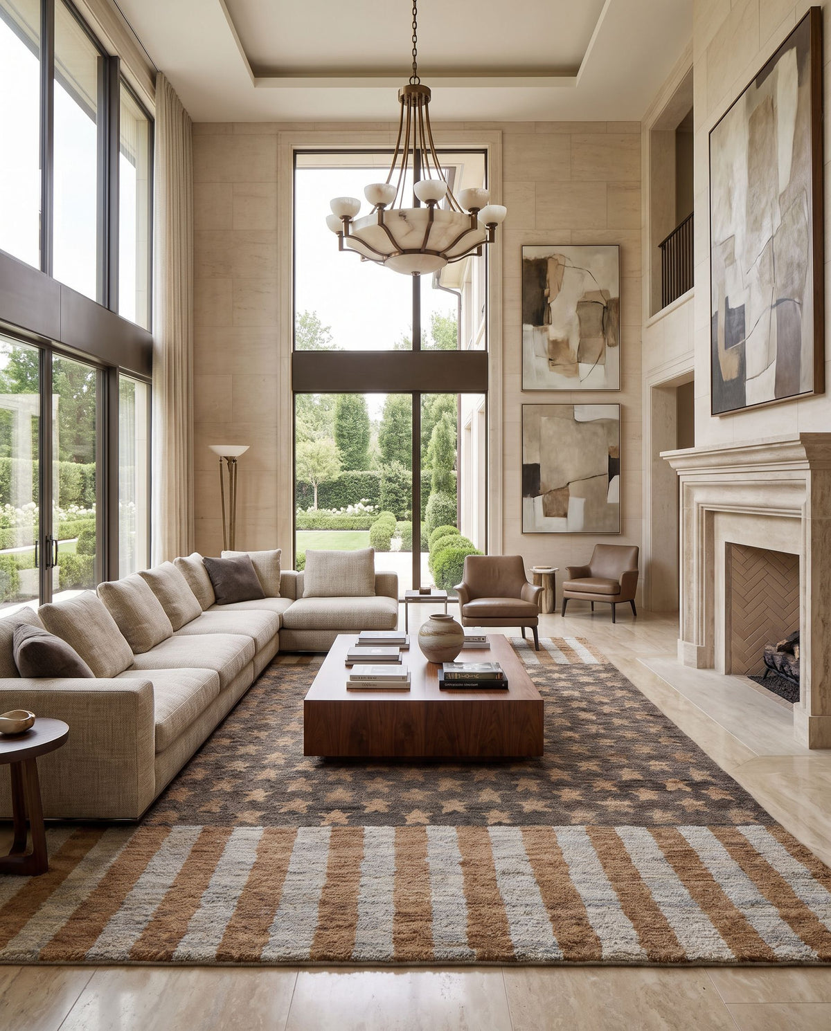 Scarborough SCR-5155 Hand Knotted Rug as the centerpiece of a bright luxury living room — a hand knotted modern area rug in gray, slate, dark green and brown tones