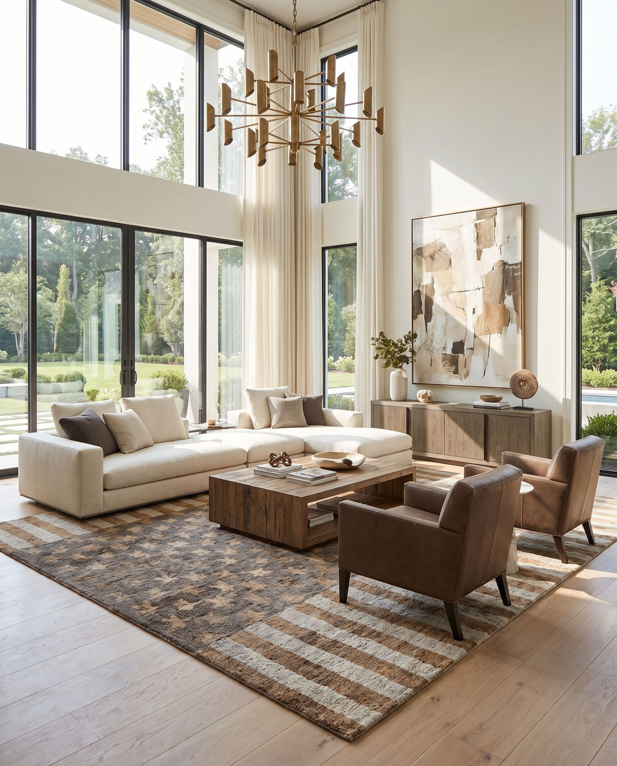 Scarborough SCR-5155 Hand Knotted Rug styled in an elegant designer living room — hand knotted modern area rug in gray, slate, dark green and brown tones