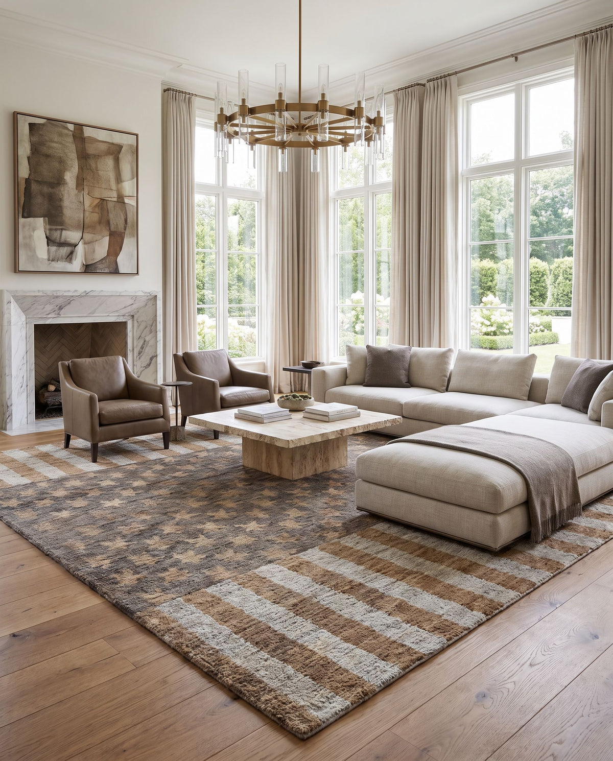 Scarborough SCR-5155 Hand Knotted Rug styled in an elegant designer living room — hand knotted modern area rug in gray, slate, dark green and brown tones