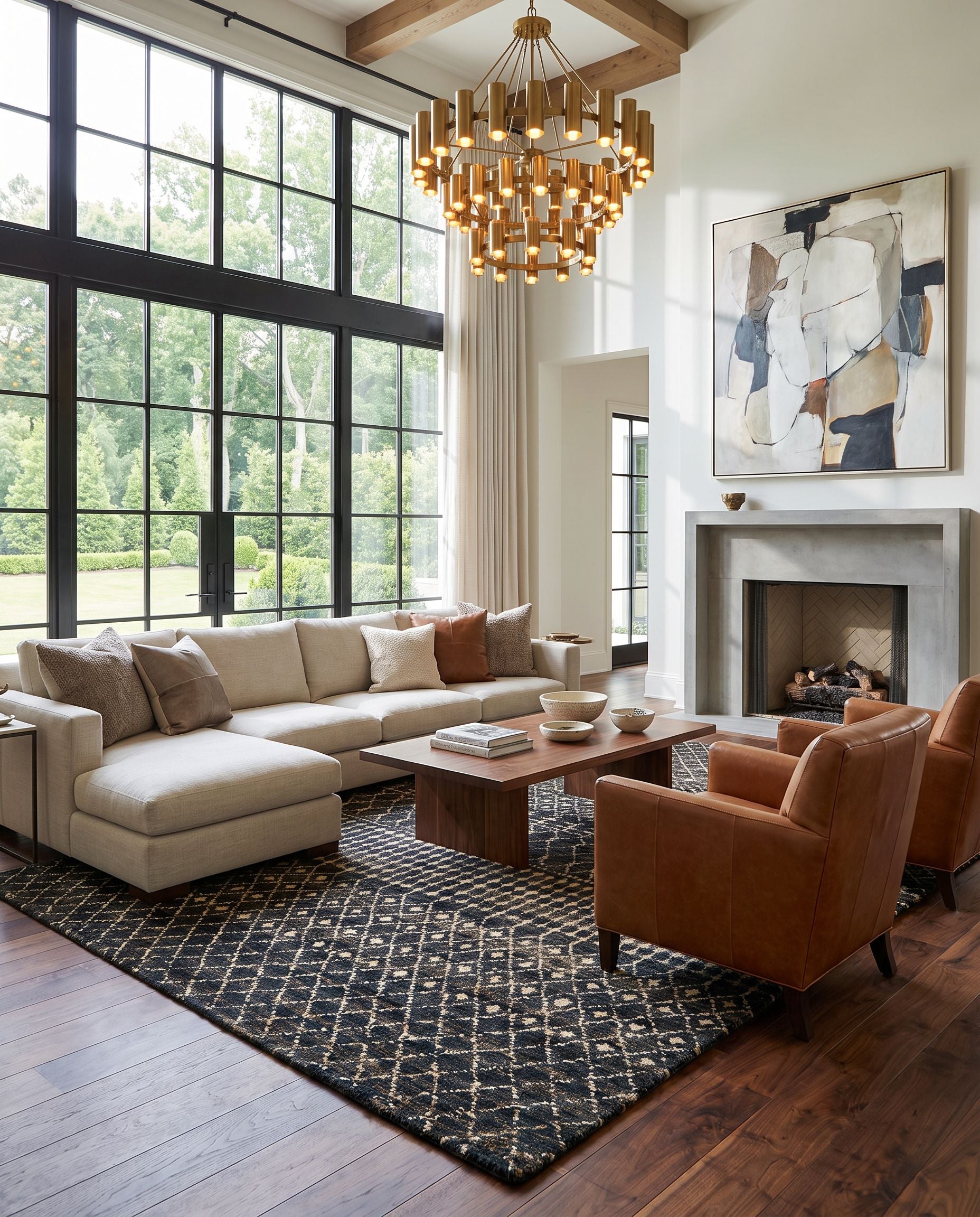 Scarborough SCR-5162 Hand Knotted Rug as the centerpiece of a bright luxury living room — a hand knotted global area rug in wheat, dark green and rust tones