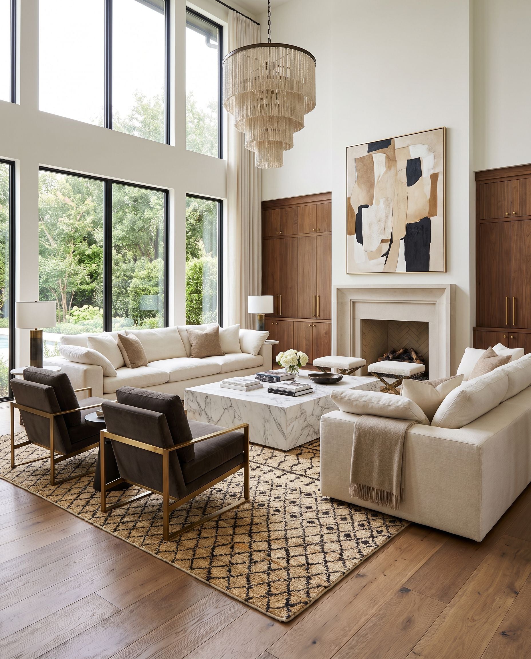 Scarborough SCR-5163 Hand Knotted Rug as the centerpiece of a bright luxury living room — a hand knotted global area rug in butter and black tones