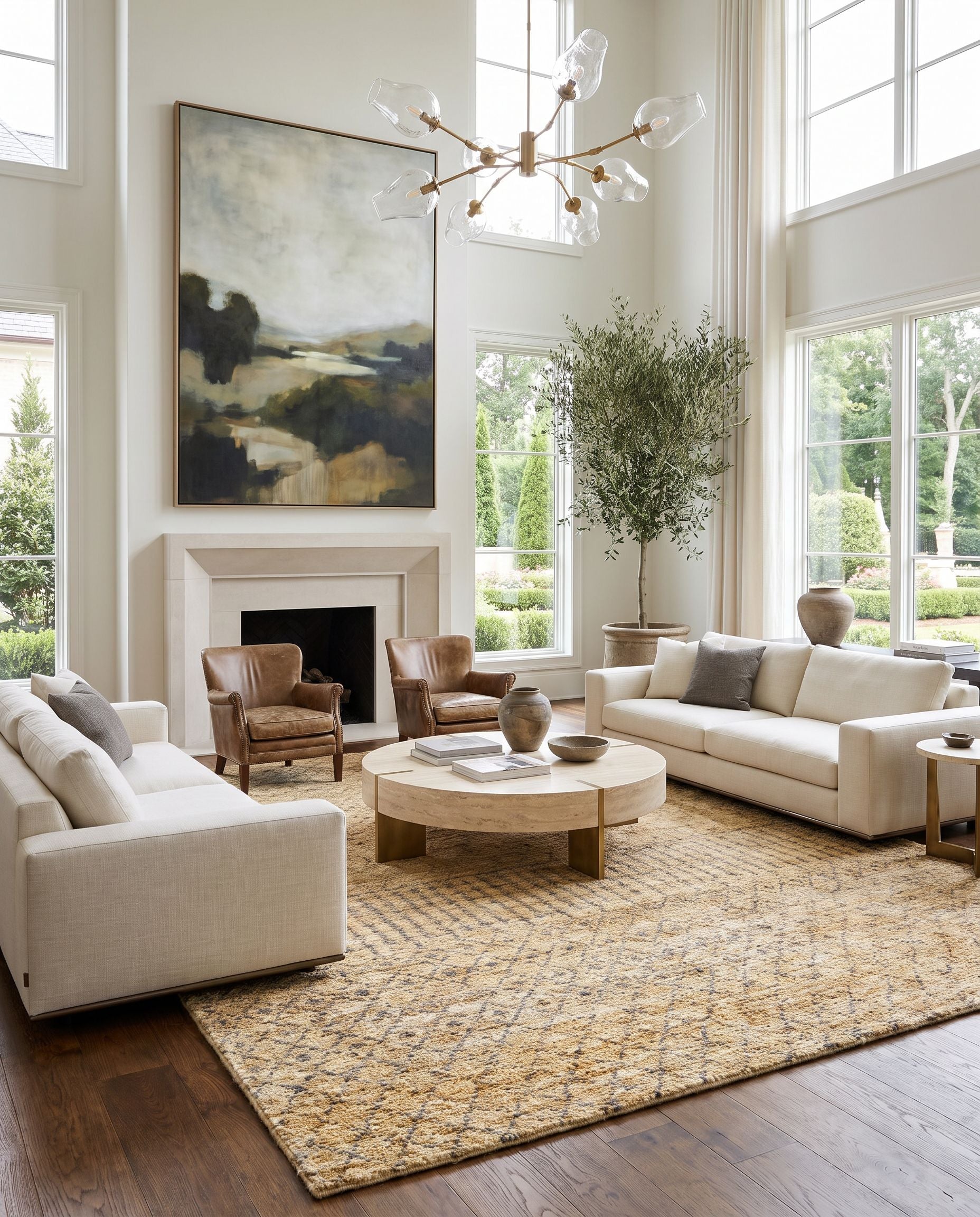 Scarborough SCR-5164 Hand Knotted Rug as the centerpiece of a bright luxury living room — a hand knotted global area rug in butter, beige, tan and light slate tones