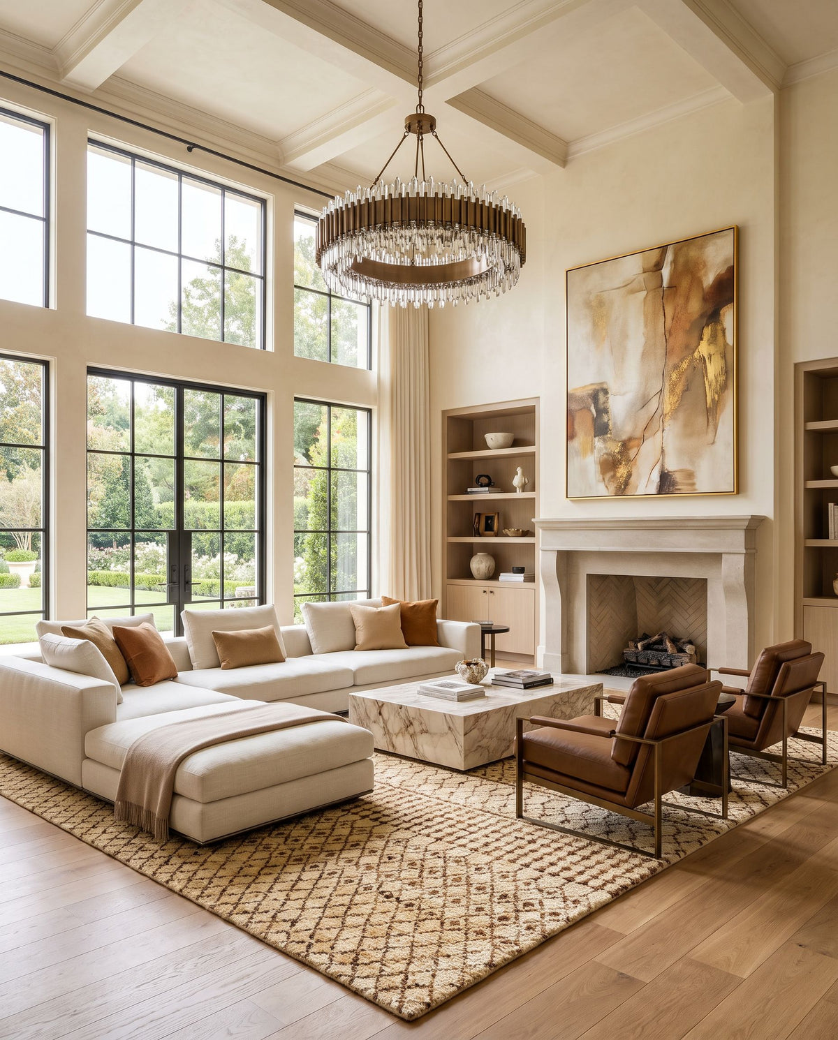 Scarborough SCR-5165 Hand Knotted Rug as the centerpiece of a bright luxury living room — a hand knotted global area rug in butter and brown tones