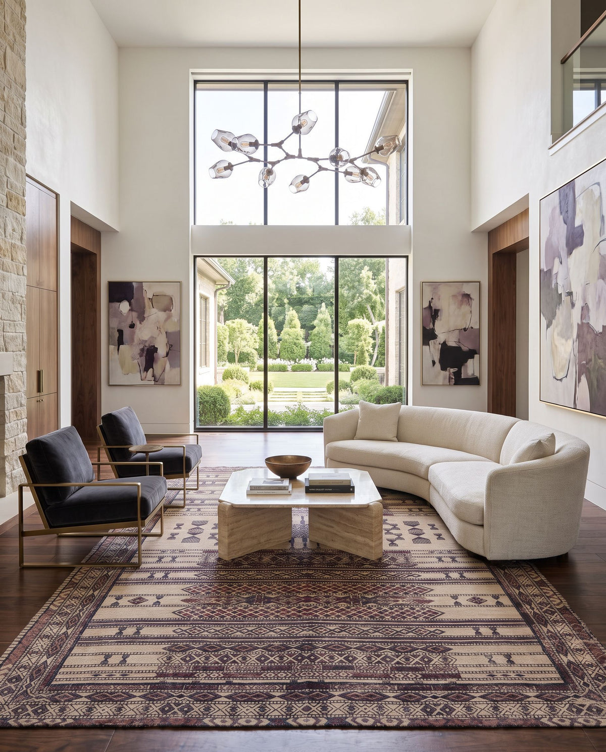 Shadi SDI-1022 Hand Woven Rug as the centerpiece of a bright luxury living room — a hand woven cottage area rug in lavender, rose, beige and dusty coral tones