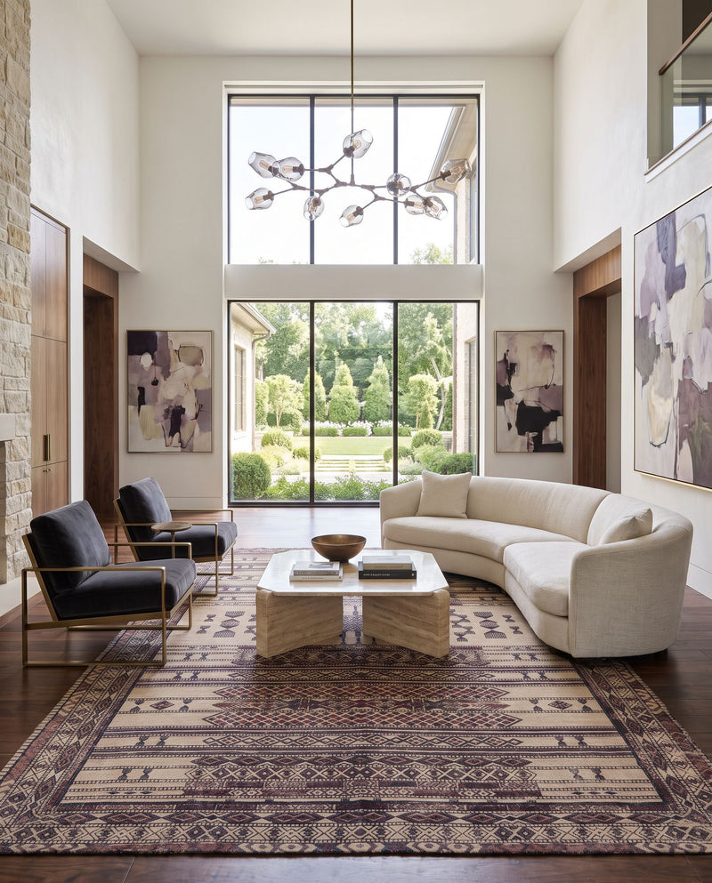 Shadi SDI-1022 Hand Woven Rug as the centerpiece of a bright luxury living room — a hand woven cottage area rug in lavender, rose, beige and dusty coral tones