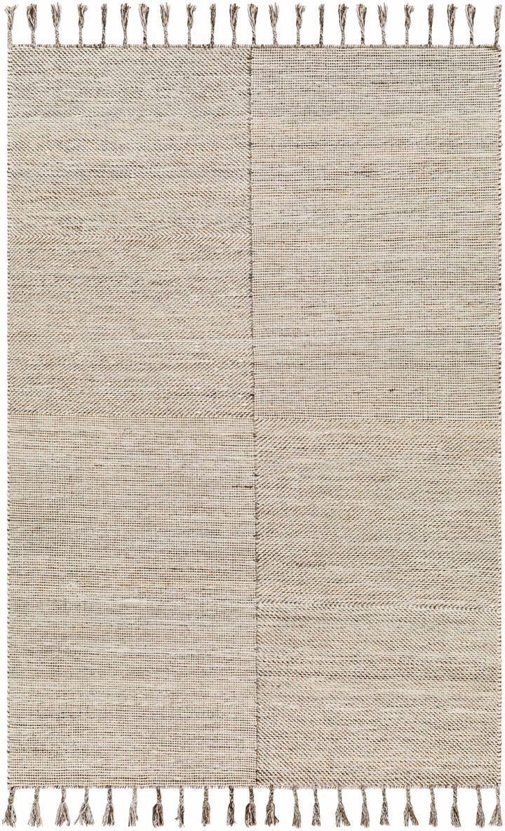 Beige Hand Woven 100% Recycled PET Yarn Cottage Rectangle Handmade rug, Indoor use only, has fringe, non-washable.