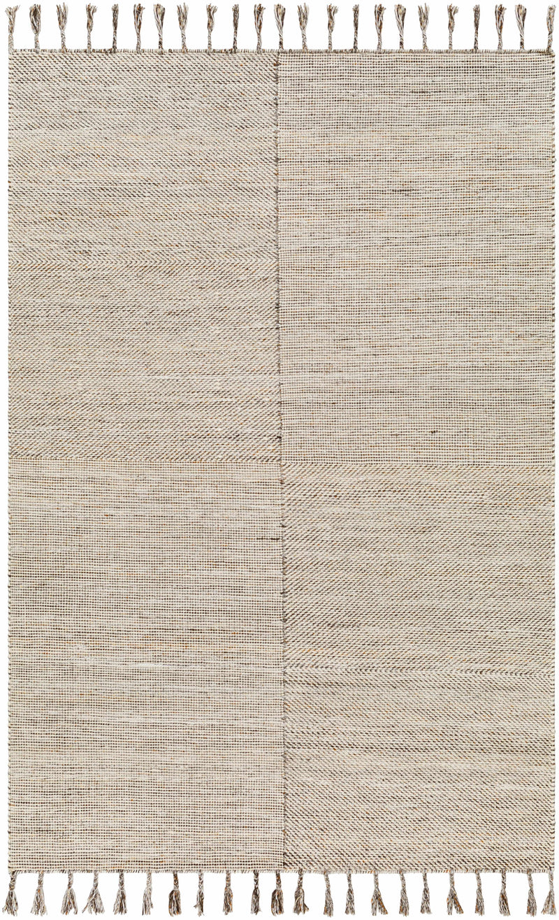 Beige Hand Woven 100% Recycled PET Yarn Cottage Rectangle Handmade rug, Indoor use only, has fringe, non-washable.