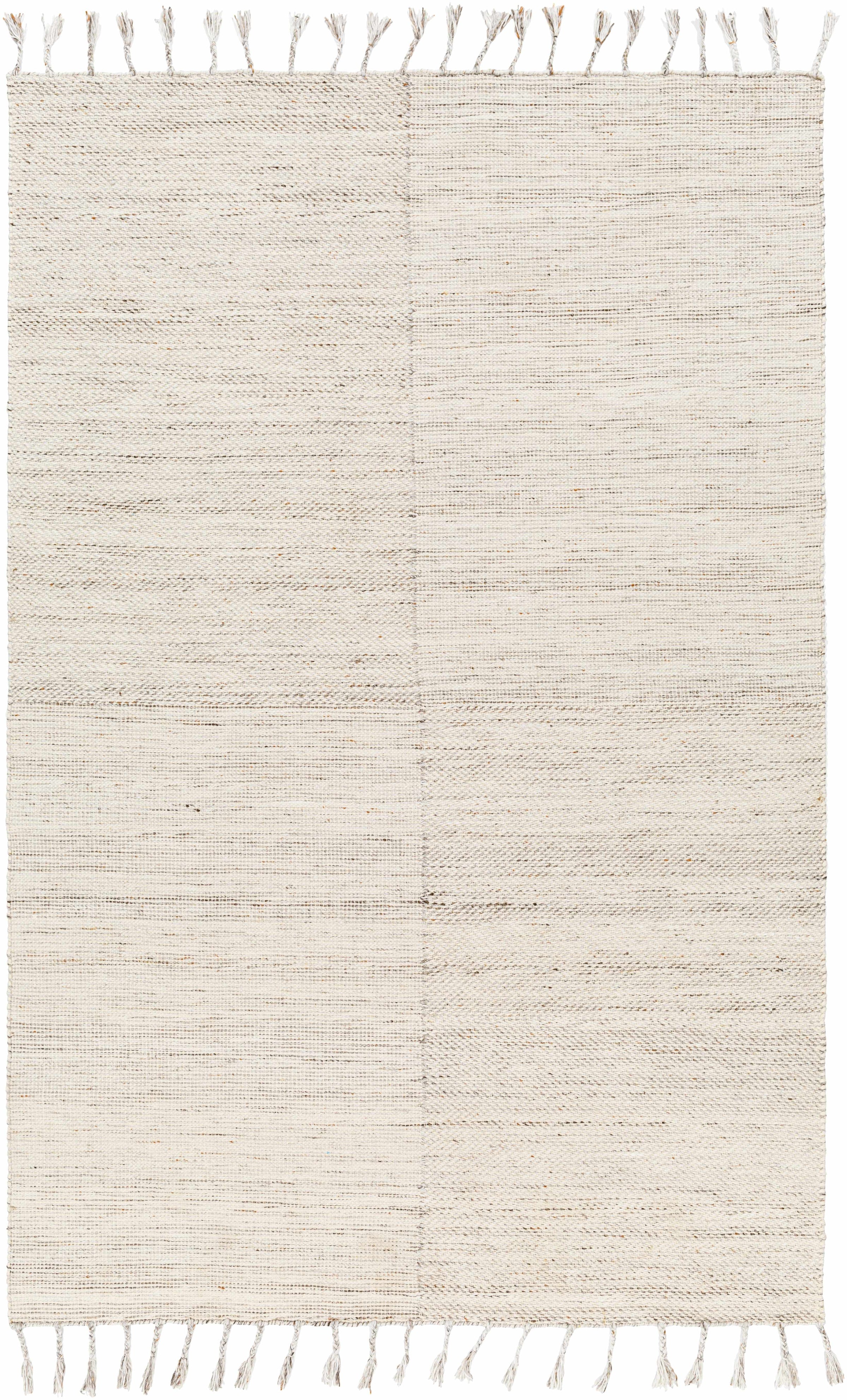 Beige Hand Woven 100% Recycled PET Yarn Cottage Rectangle Handmade rug, Indoor use only, has fringe, non-washable.