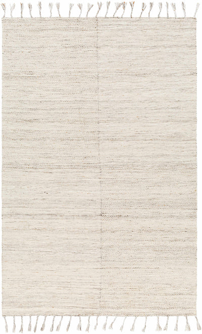 Beige Hand Woven 100% Recycled PET Yarn Cottage Rectangle Handmade rug, Indoor use only, has fringe, non-washable.