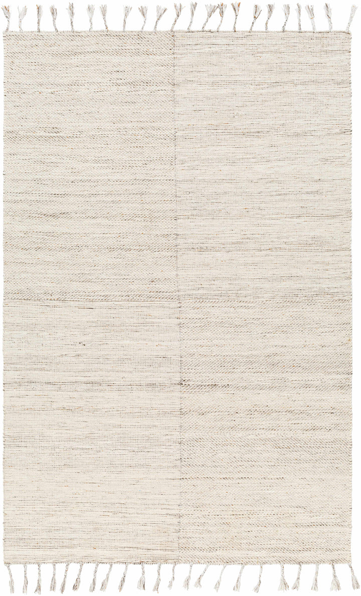 Beige Hand Woven 100% Recycled PET Yarn Cottage Rectangle Handmade rug, Indoor use only, has fringe, non-washable.