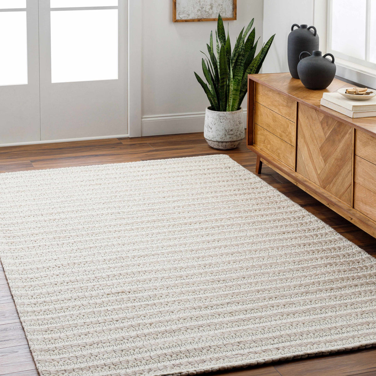 Ivory Hand Woven 50% Wool, 50% Recycled PET Yarn Cottage Rectangle Handmade rug, Indoor use only, no fringe, non-washable.