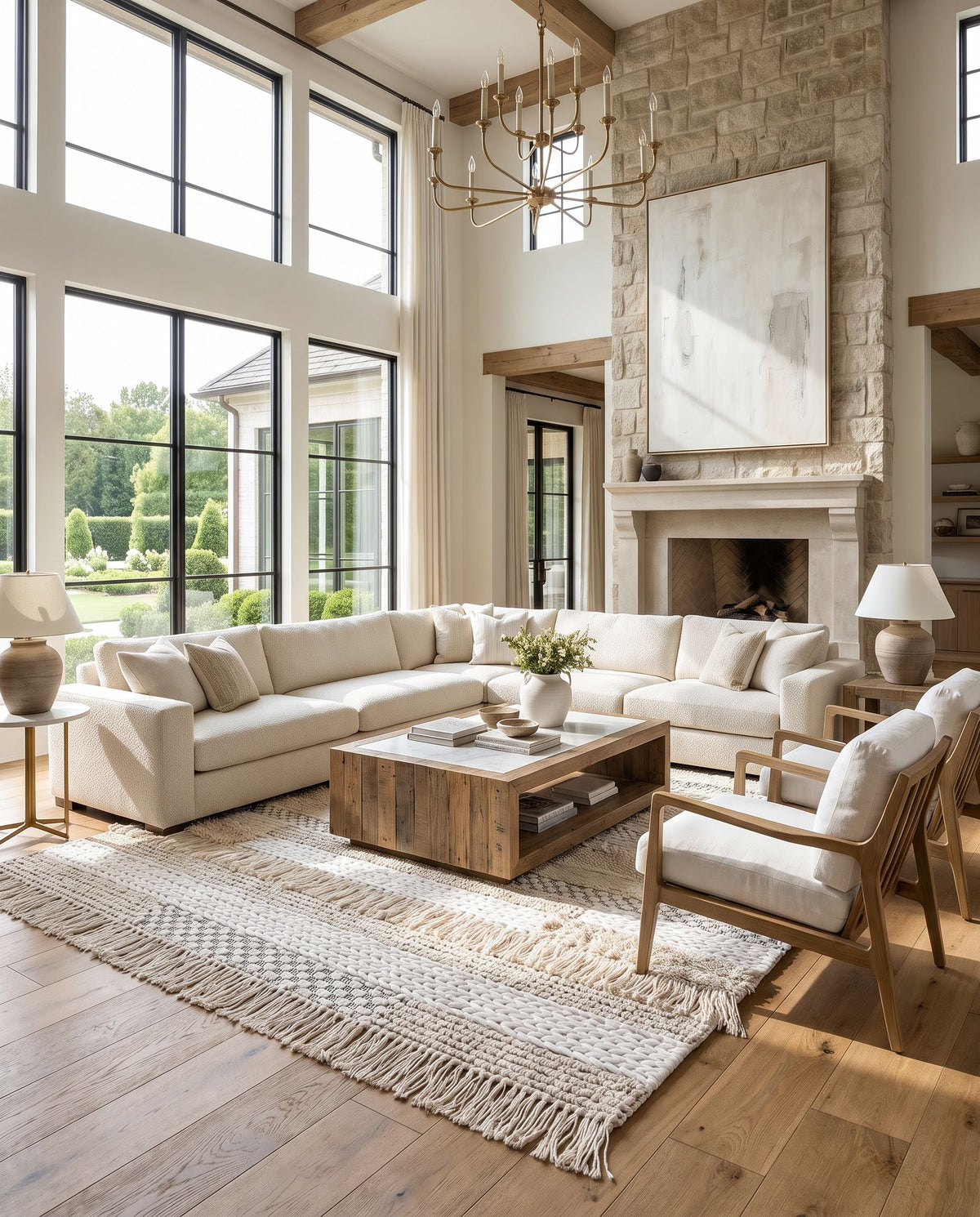 Serena SER-2301 Hand Woven Rug as the centerpiece of a bright luxury living room — a hand woven global area rug in ivory, black and light beige tones