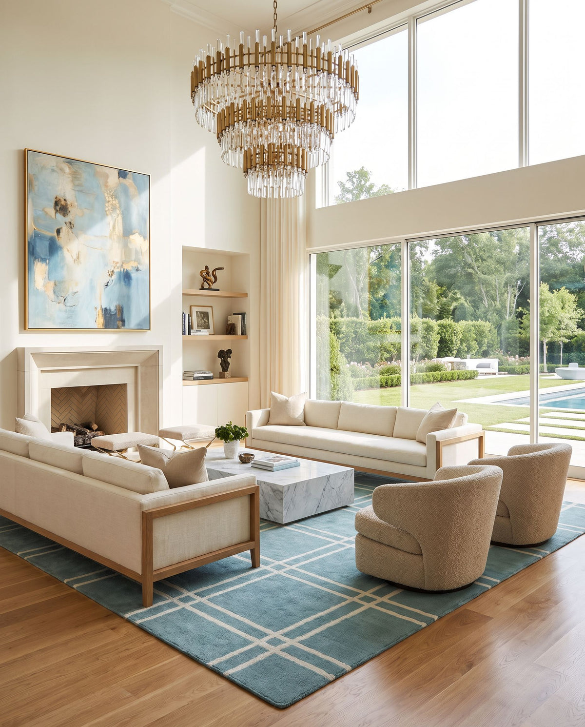 Sheffield Market SFM-8004 Hand Woven Rug as the centerpiece of a bright luxury living room — a hand woven modern area rug in deep teal and pale blue tones