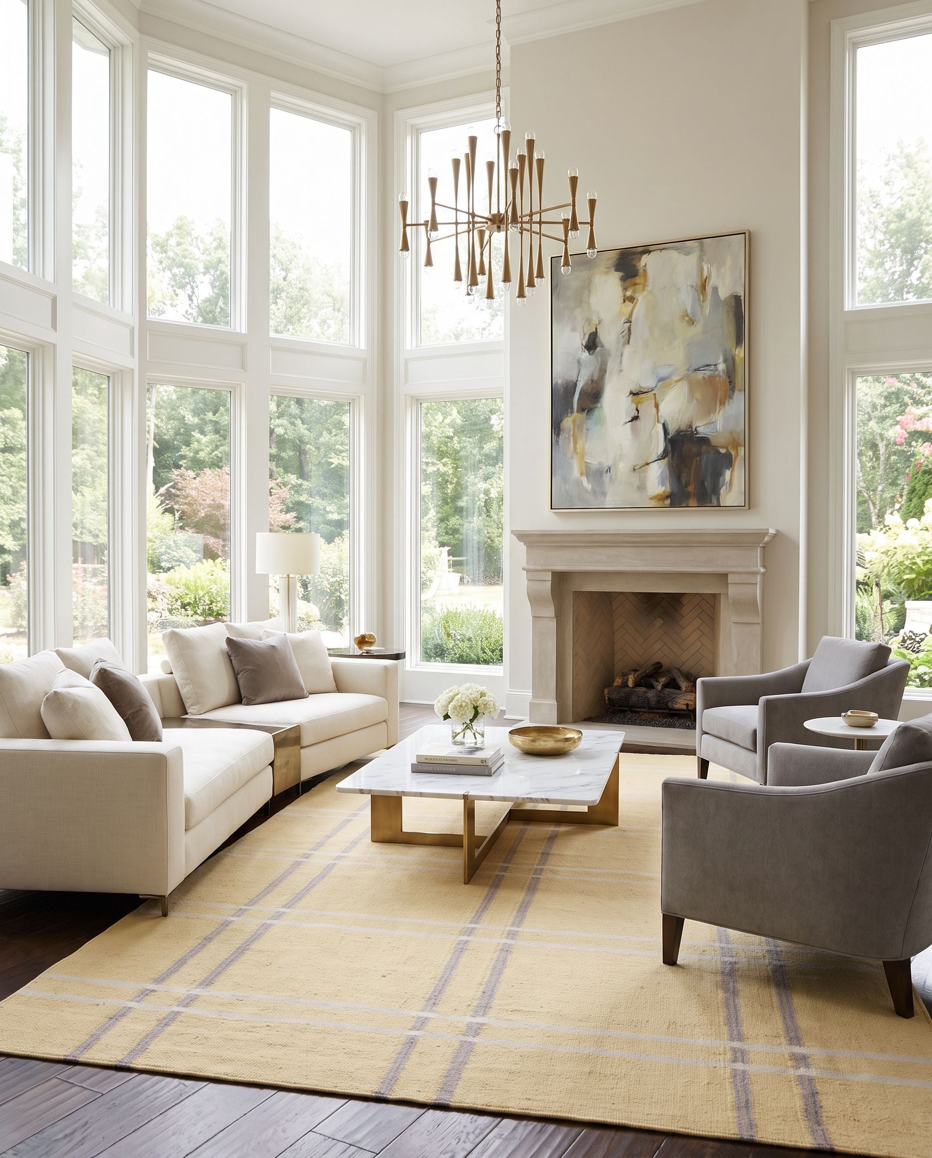 Sheffield Market SFM-8005 Hand Woven Rug as the centerpiece of a bright luxury living room — a hand woven modern area rug in tan, medium gray and light gray tones
