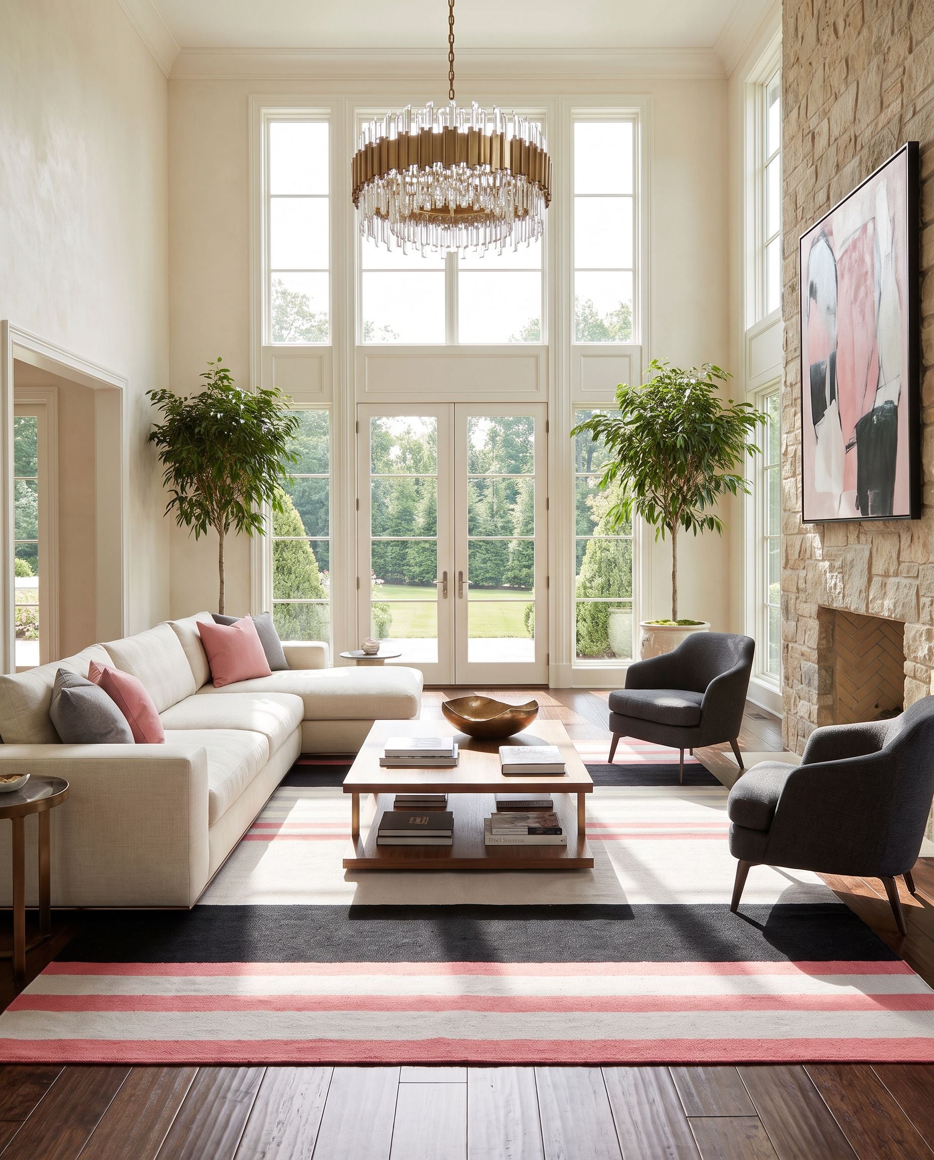 Sheffield Market SFM-8006 Hand Woven Rug as the centerpiece of a bright luxury living room — a hand woven cottage area rug in pink, black, light slate and yellow tones