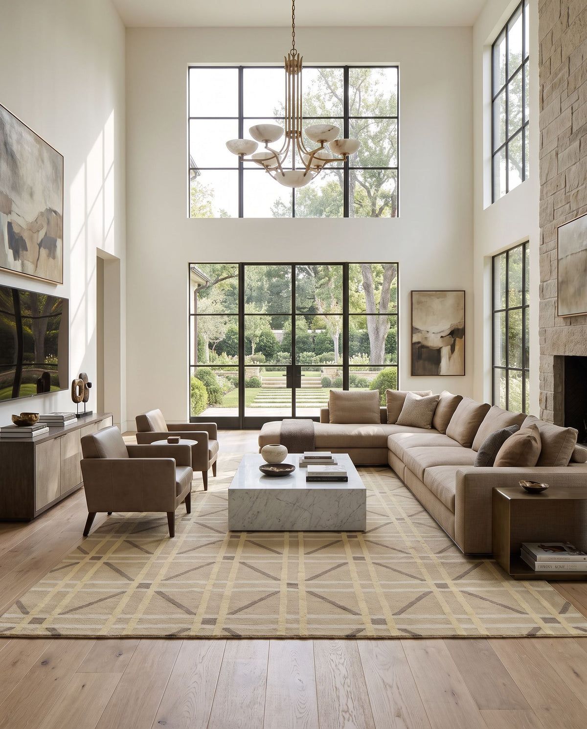 Sheffield Market SFM-8007 Hand Woven Rug as the centerpiece of a bright luxury living room — a hand woven modern area rug in tan, brown, mustard and yellow tones