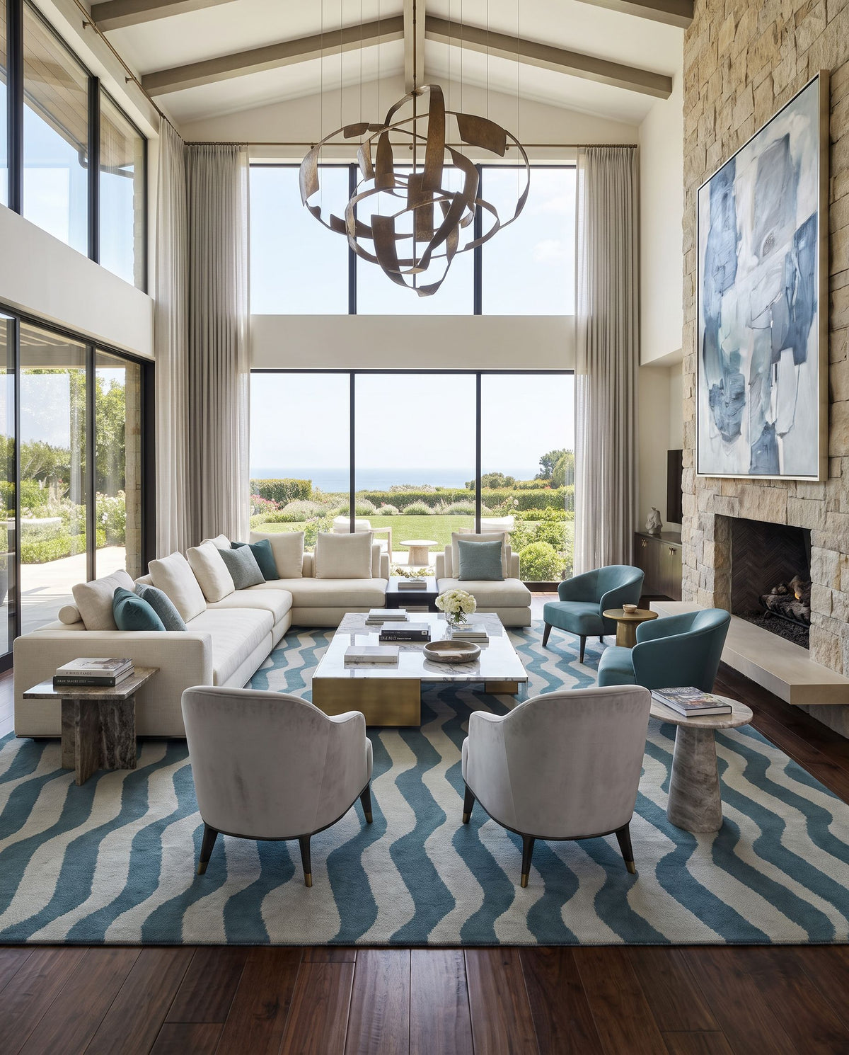 Sheffield Market SFM-8009 Hand Woven Rug as the centerpiece of a bright luxury living room — a hand woven modern area rug in teal and dusty sage tones