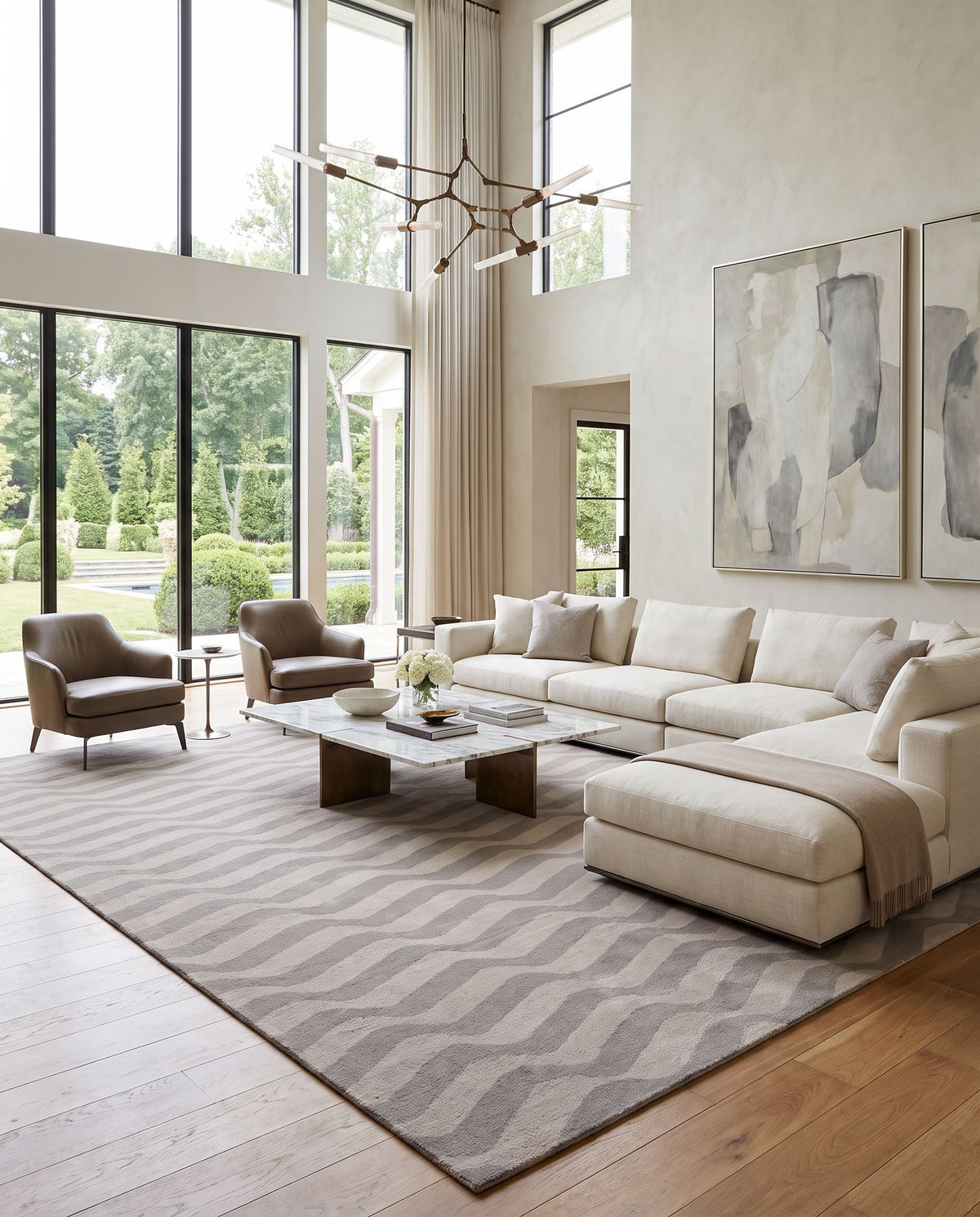 Sheffield Market SFM-8010 Hand Woven Rug as the centerpiece of a bright luxury living room — a hand woven modern area rug in slate and light gray tones