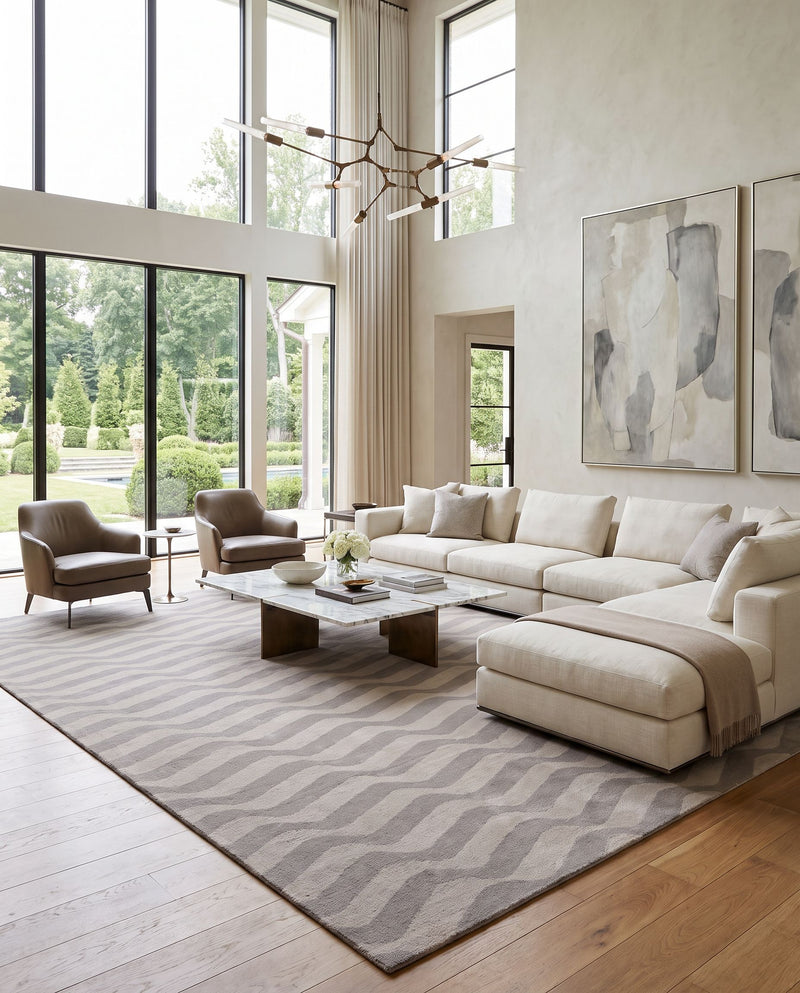 Sheffield Market SFM-8010 Hand Woven Rug as the centerpiece of a bright luxury living room — a hand woven modern area rug in slate and light gray tones
