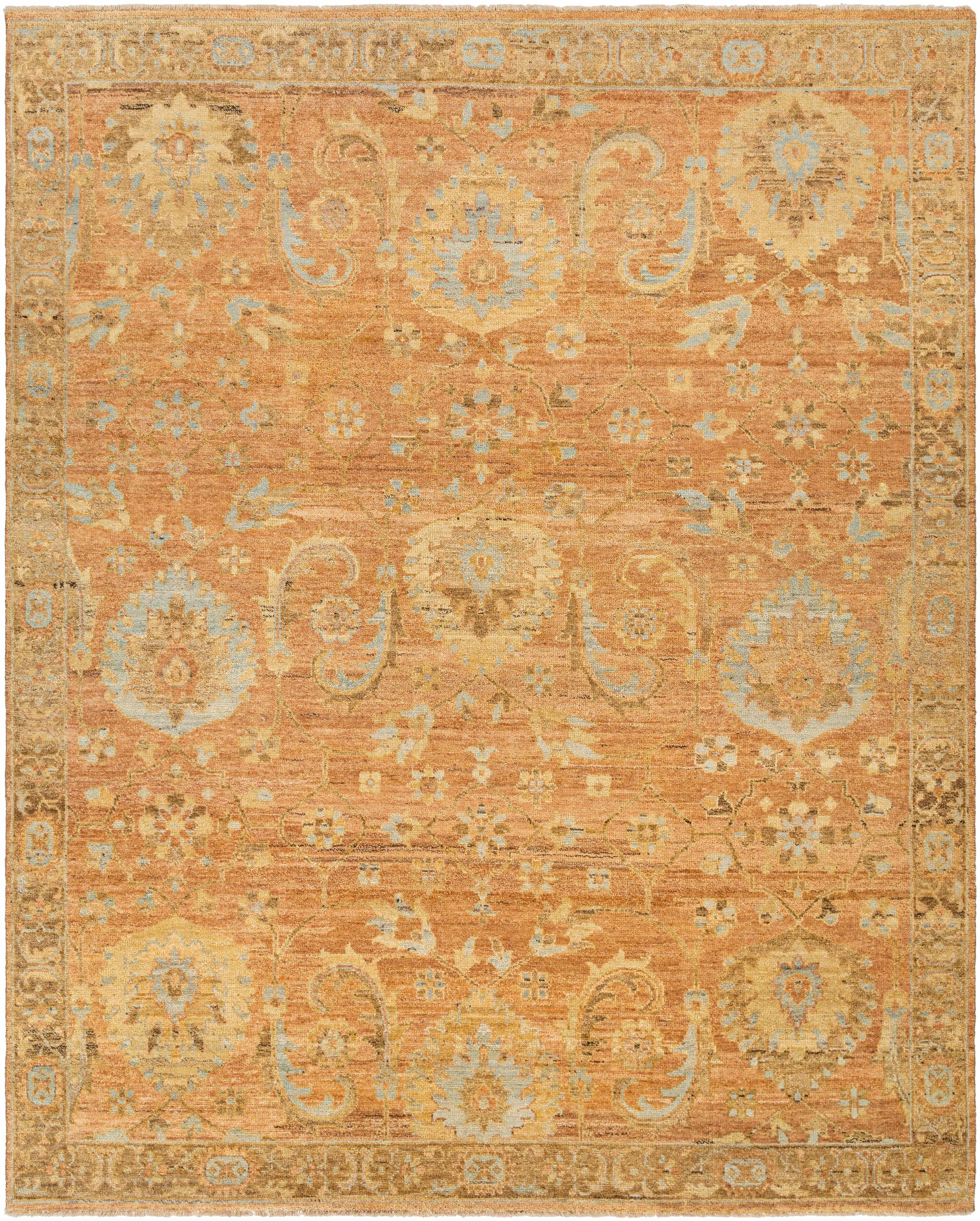 Burnt Orange Hand Knotted 100% Wool Traditional Rectangle Handmade rug, Indoor use only, has fringe, non-washable.