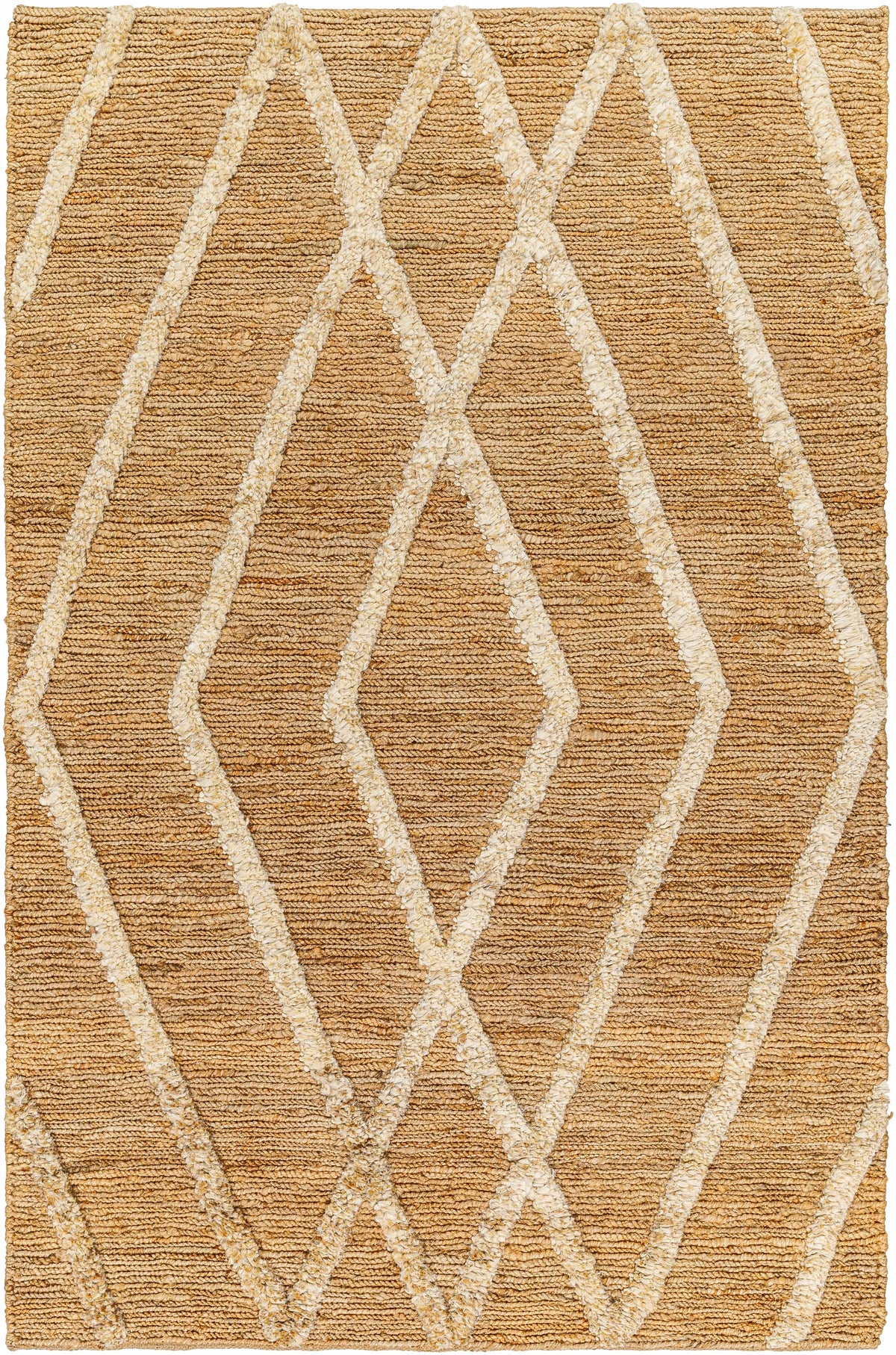 Tan Hand Woven 100% Jute Global Rectangle Handmade rug, Indoor use only, no fringe, non-washable.
