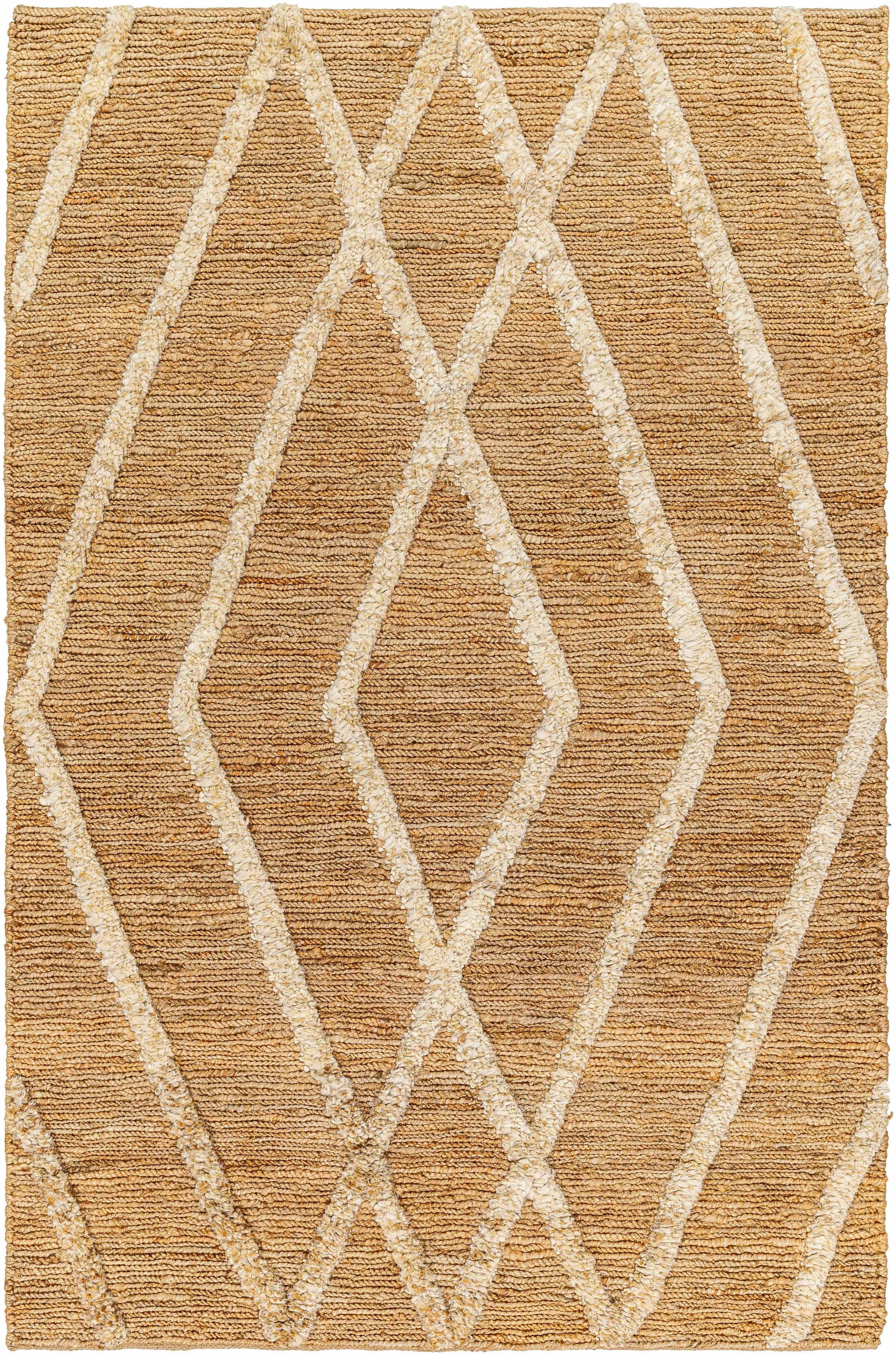 Tan Hand Woven 100% Jute Global Rectangle Handmade rug, Indoor use only, no fringe, non-washable.