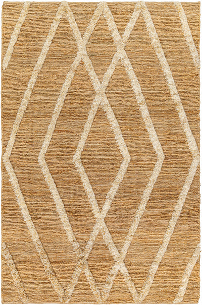 Tan Hand Woven 100% Jute Global Rectangle Handmade rug, Indoor use only, no fringe, non-washable.