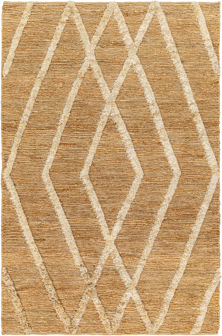 Tan Hand Woven 100% Jute Global Rectangle Handmade rug, Indoor use only, no fringe, non-washable.