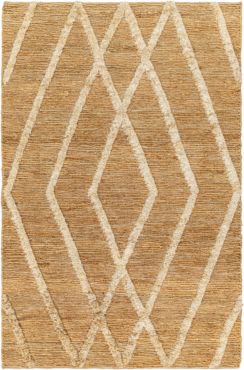 Tan Hand Woven 100% Jute Global Rectangle Handmade rug, Indoor use only, no fringe, non-washable.