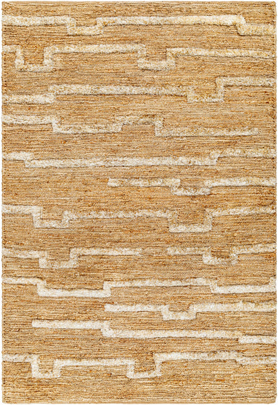 Tan Hand Woven 100% Jute Global Rectangle Handmade rug, Indoor use only, no fringe, non-washable.