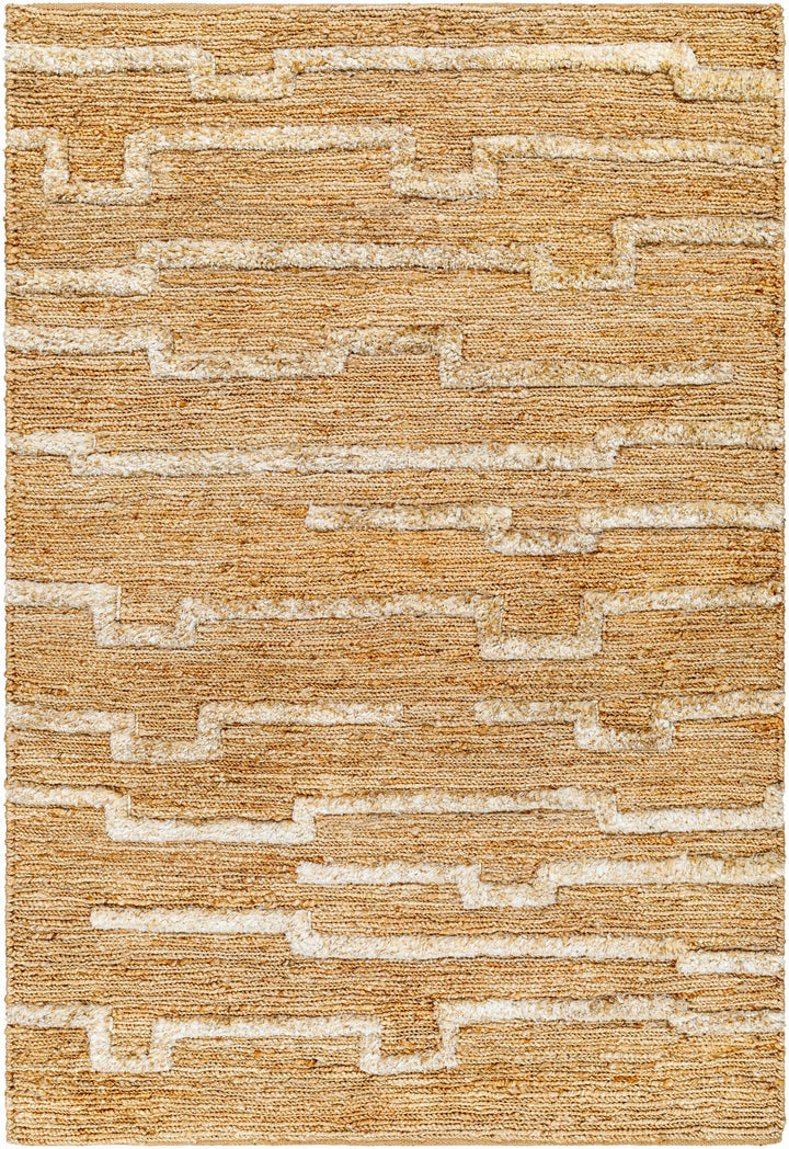 Tan Hand Woven 100% Jute Global Rectangle Handmade rug, Indoor use only, no fringe, non-washable.