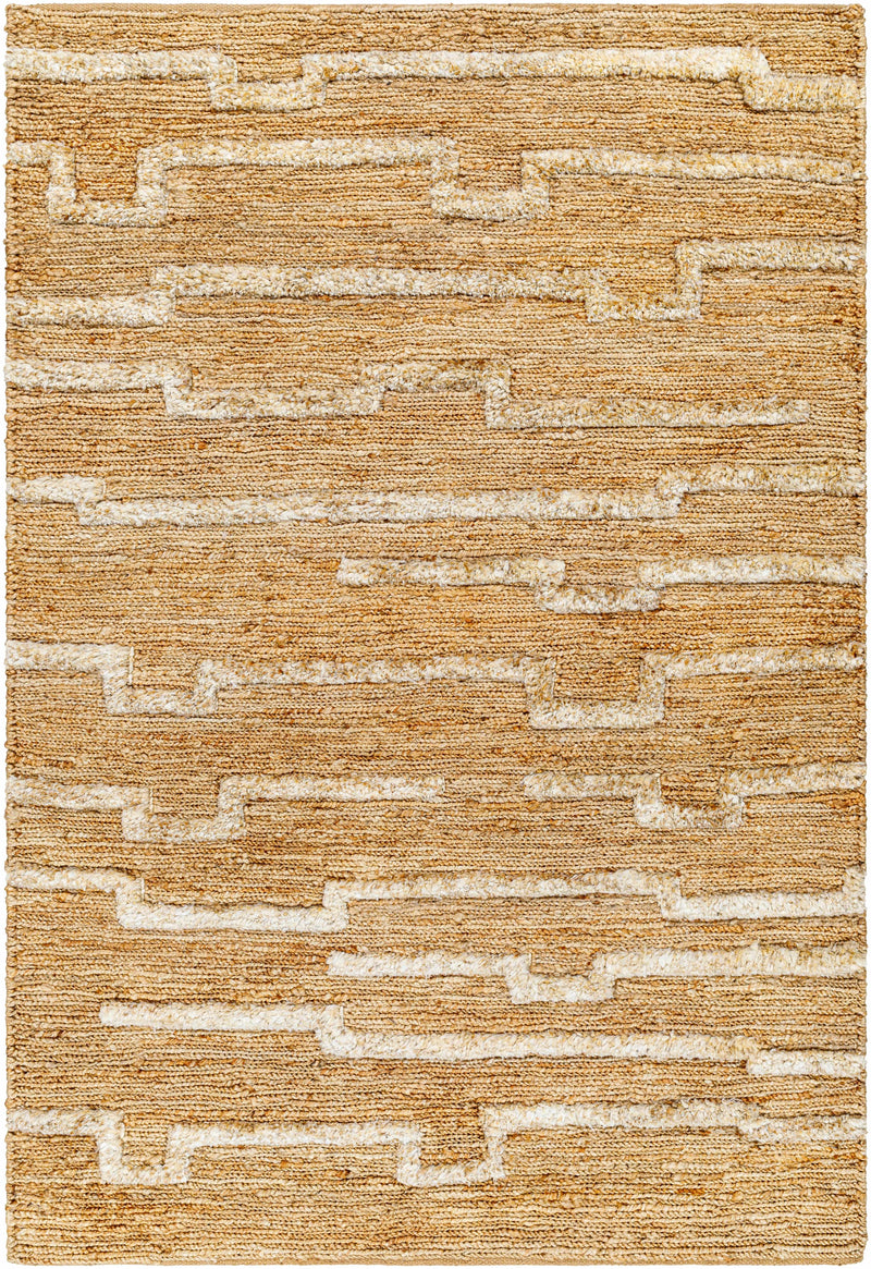 Tan Hand Woven 100% Jute Global Rectangle Handmade rug, Indoor use only, no fringe, non-washable.