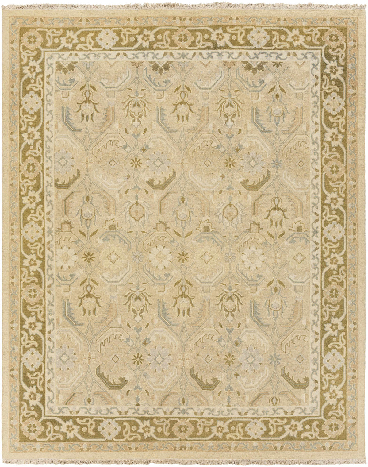 Tan Hand Knotted 100% NZ Wool Traditional Rectangle Handmade rug, Indoor use only, has fringe, non-washable.