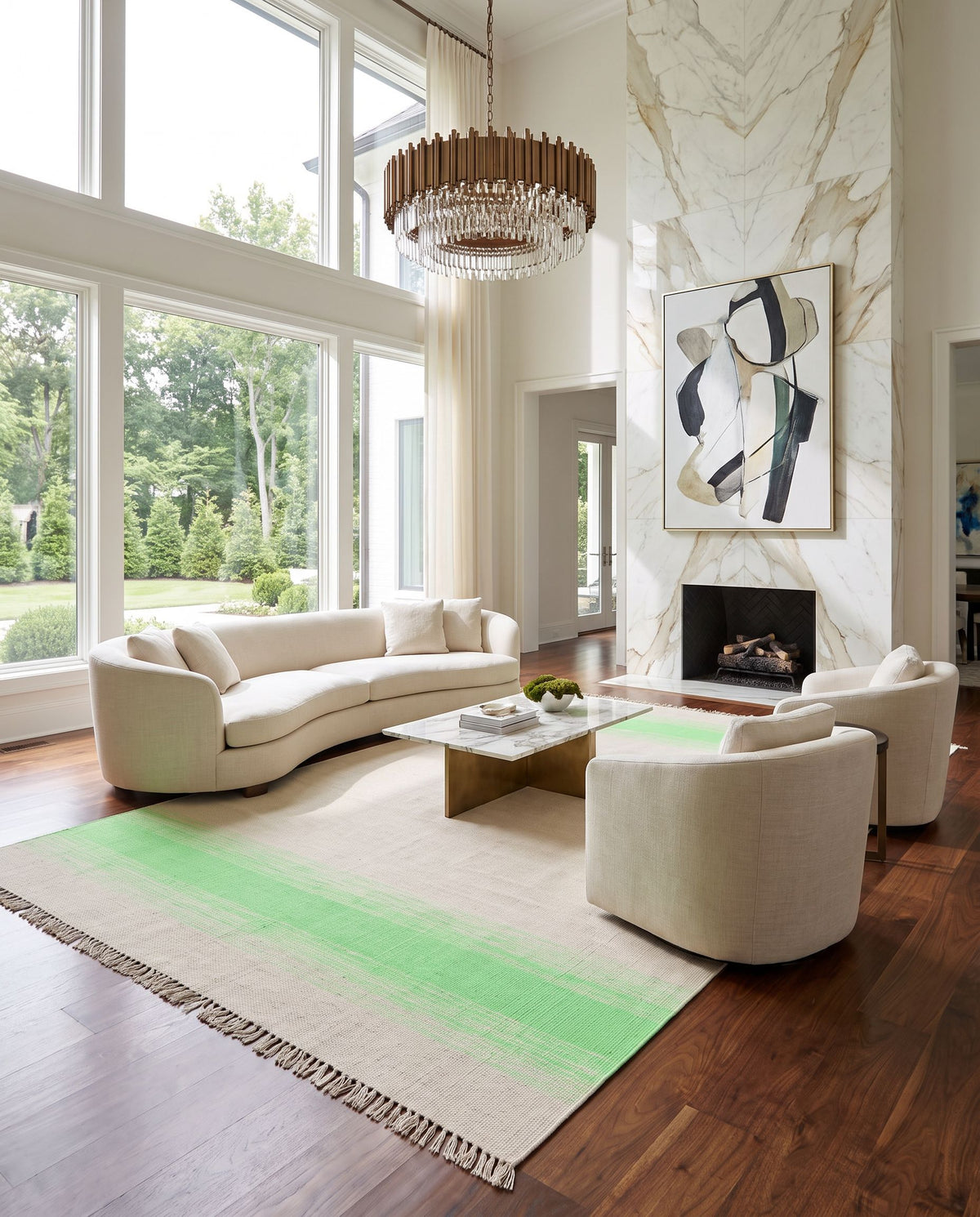 Shine SHN-2000 Hand Woven Rug as the centerpiece of a bright luxury living room — a hand woven cottage area rug in green and light beige tones