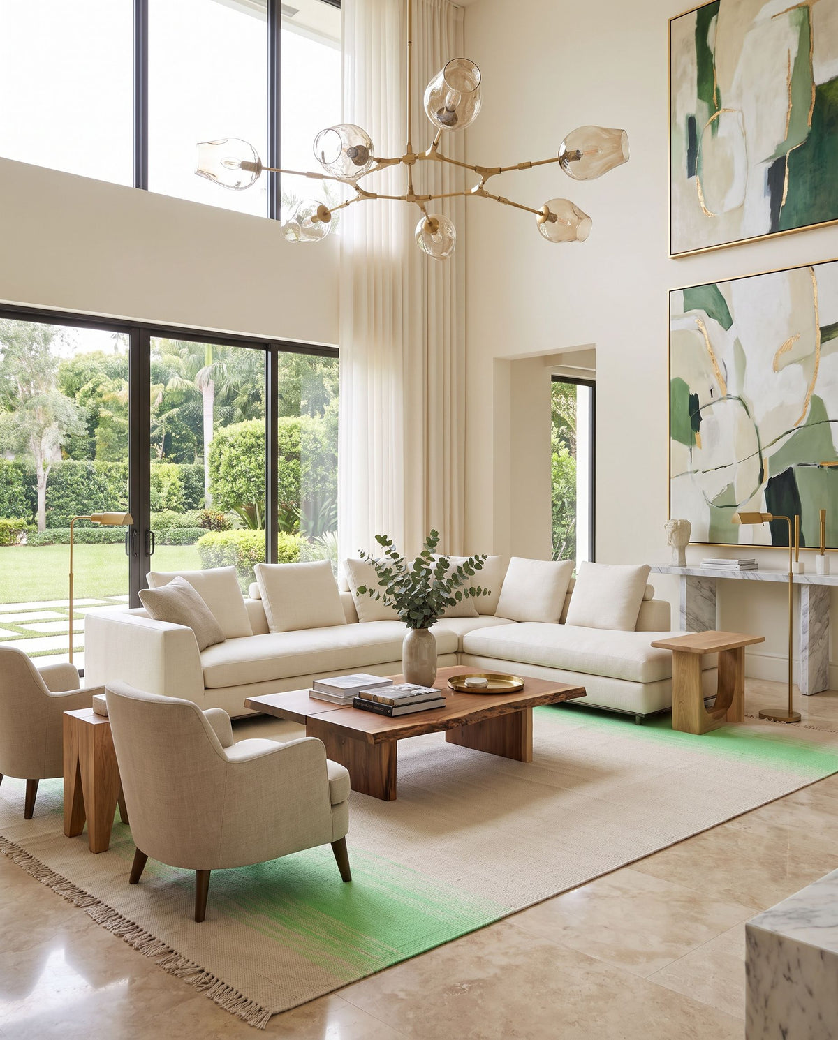 Shine SHN-2000 Hand Woven Rug styled in an elegant designer living room — hand woven cottage area rug in green and light beige tones
