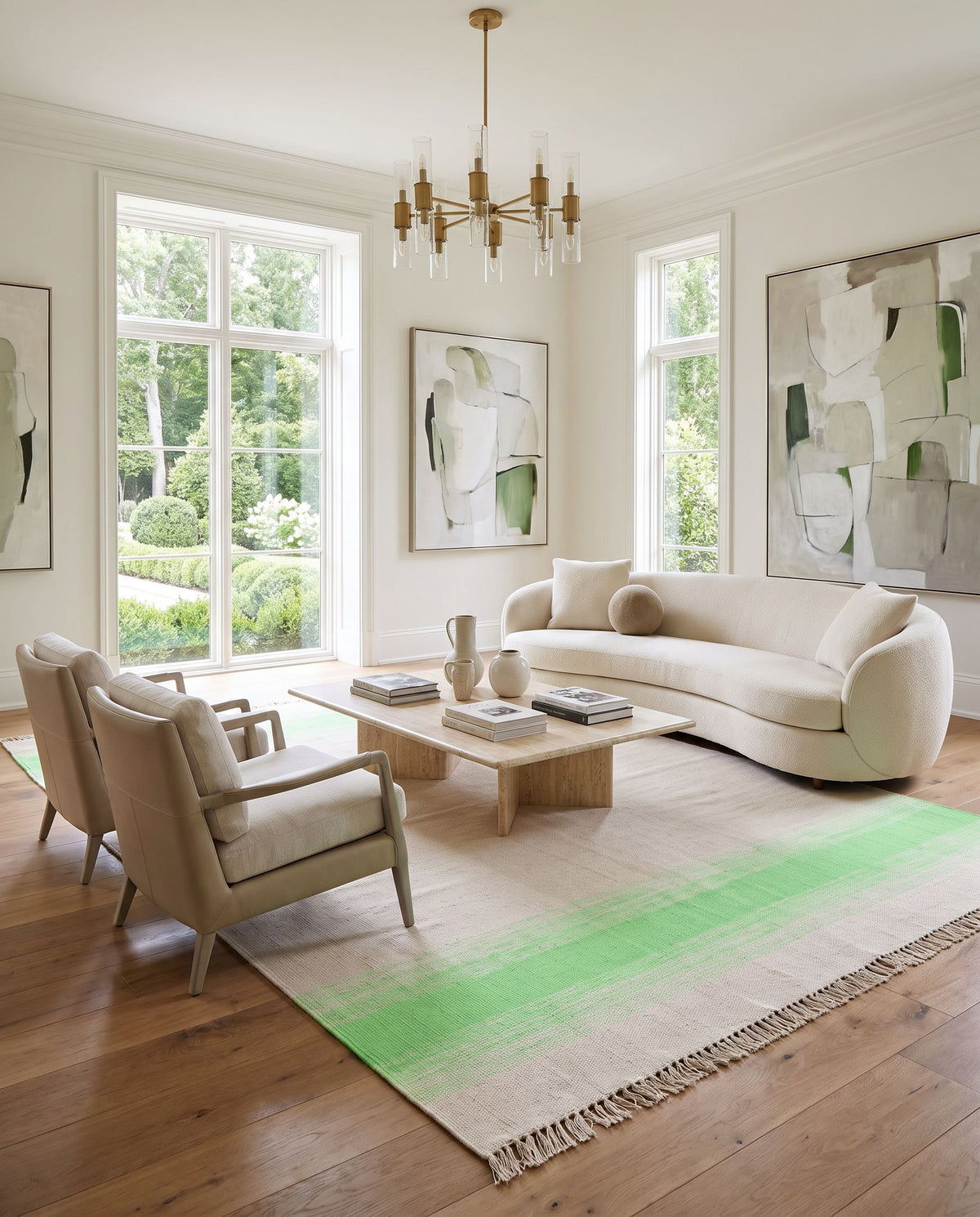 Shine SHN-2000 Hand Woven Rug styled in an elegant designer living room — hand woven cottage area rug in green and light beige tones