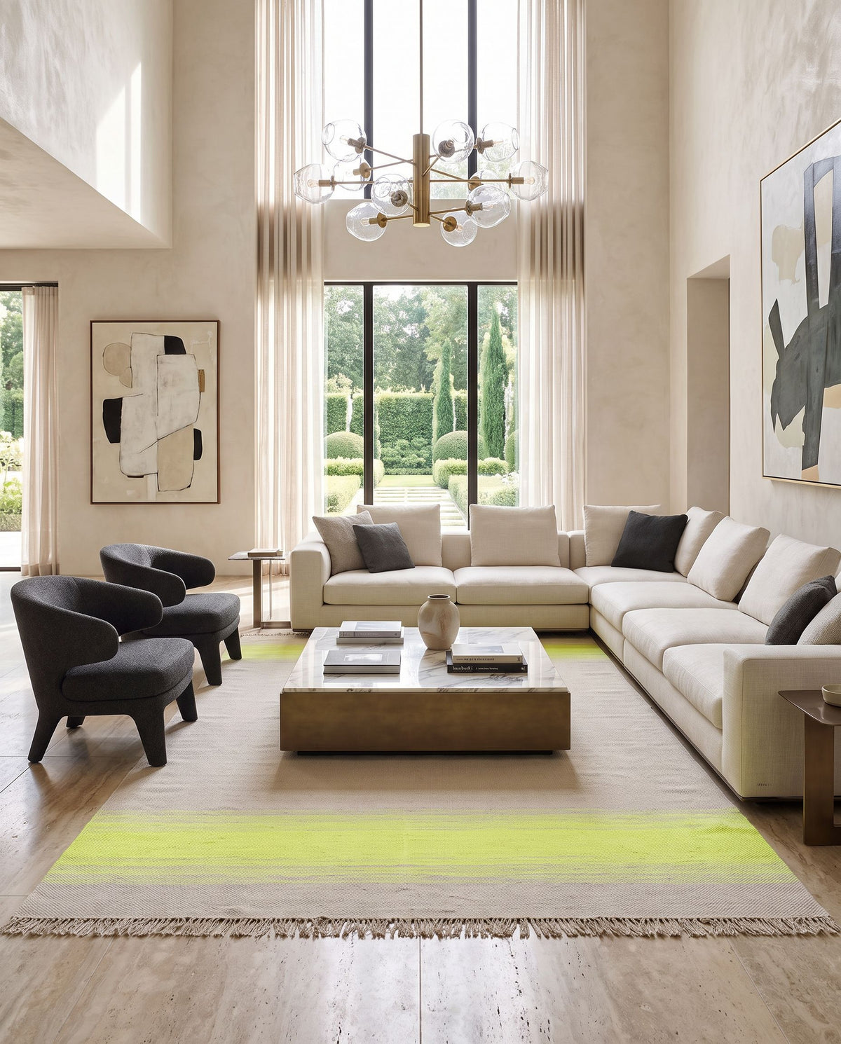 Shine SHN-2002 Hand Woven Rug as the centerpiece of a bright luxury living room — a hand woven cottage area rug in seafoam and yellow tones
